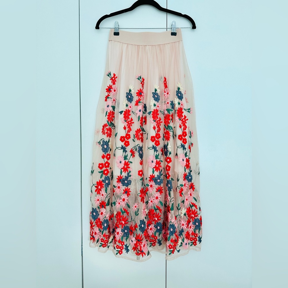 Maje Jamie Floral-embroidered Tulle Midi Skirt In Pale Pink Size1